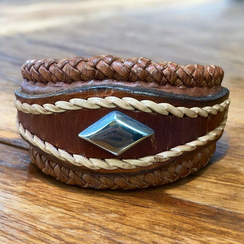 Handcrafted Genuine Brown Leather western wide cuff bracelet braided trim unisex